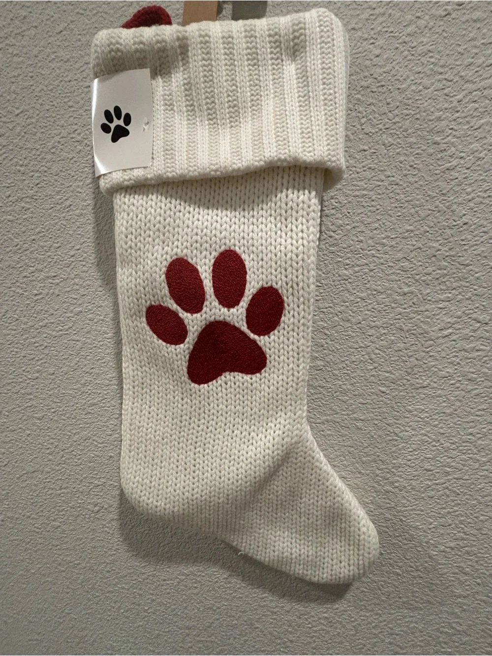 Cream Knit Dog Stocking with Red Paw Accent